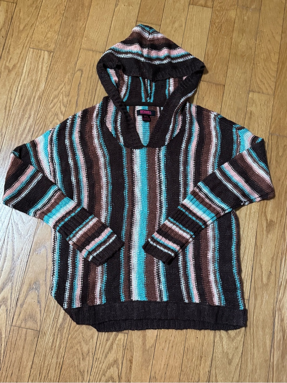Rock N Roll Denim Hooded Pullover Knit Sweater XL Striped Boho Western Baja
